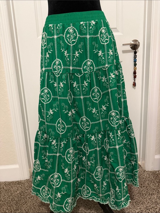 Pinch Dresses & Skirts - Pinch Emerald Green White Embroidered Tiered Maxi Skirt